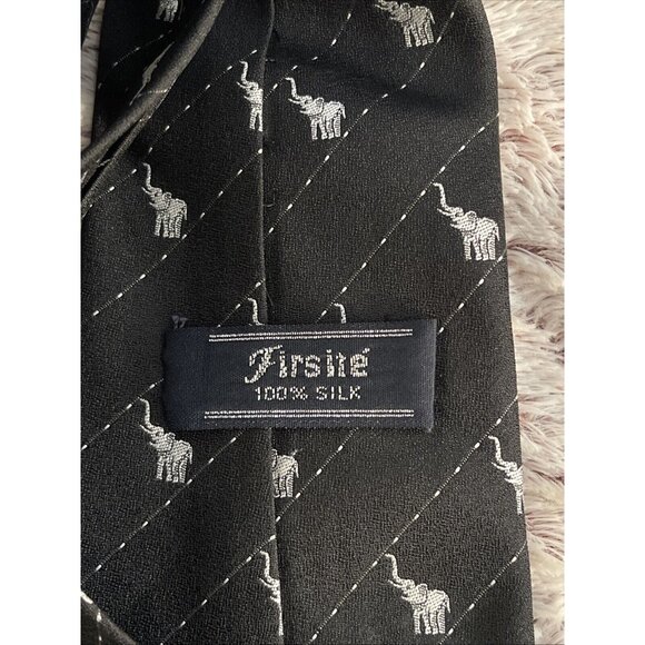 Firsite 💯 % Silk Tie Mens Necktie 4” Wide at Bottom Black With Silver Elephants - Picture 4 of 9